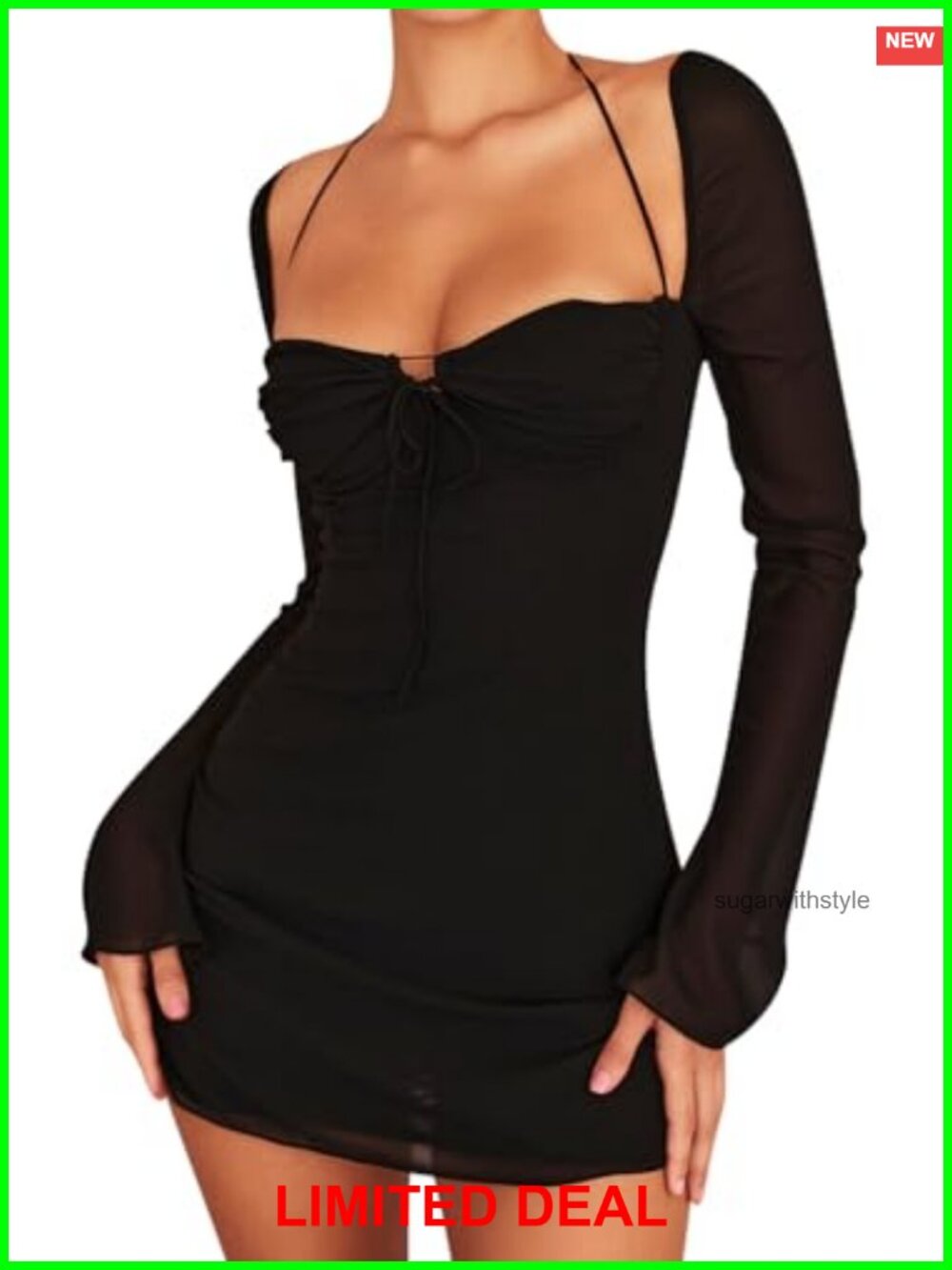 Women's Mesh Bodycon Mini Dress Long Puff Sleeve Sweetheart Neck Party